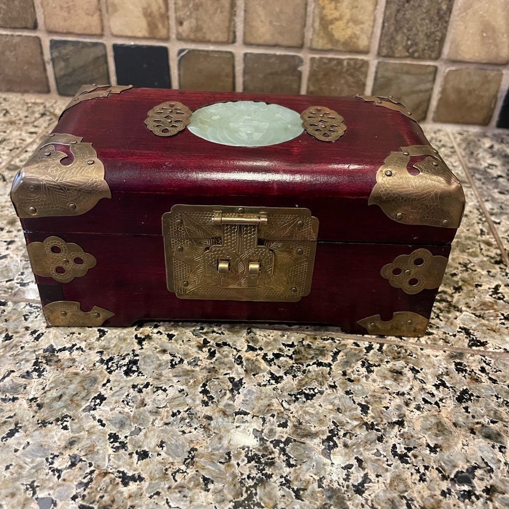 Vintage Chinese Wood Brass Inlay Jewelry Box